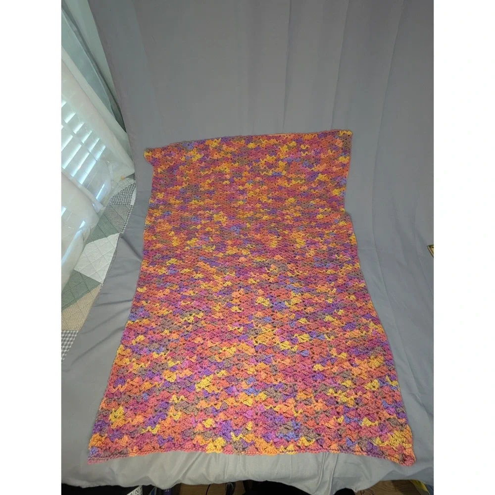 Large Hand Crocheted Throw Blanket Afghan Multicolor Pink Purple Orange 47x34